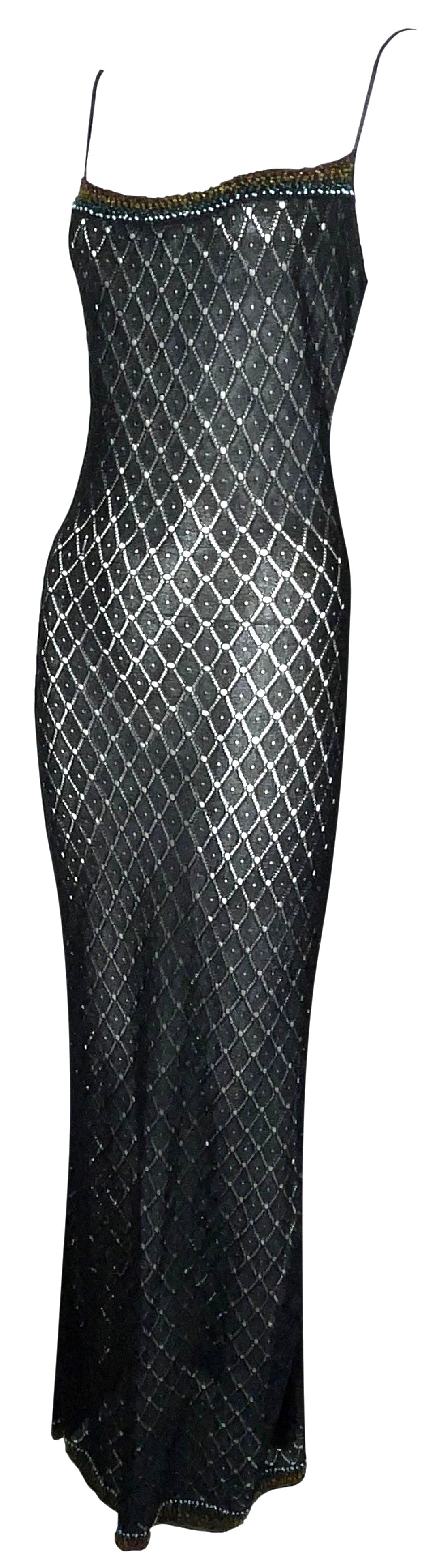 F/W 2001 Christian Dior by John Galliano NWT Sheer Black Knit Rainbow Beaded Maxi Dress