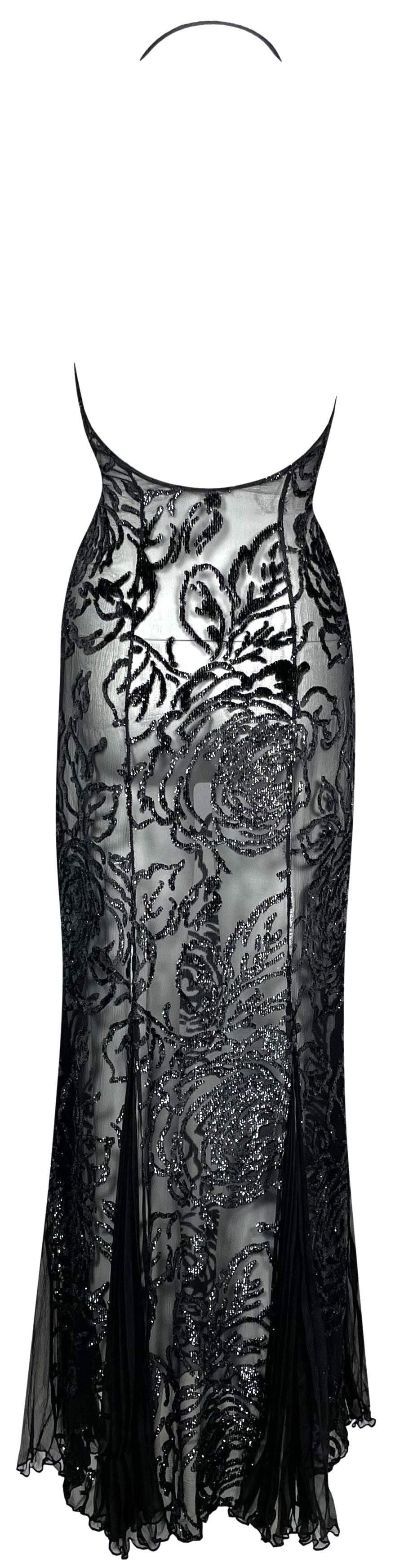F/W 2001 Christian Dior by John Galliano Sheer Metallic Black Halter Drawstring Mermaid Maxi Dress