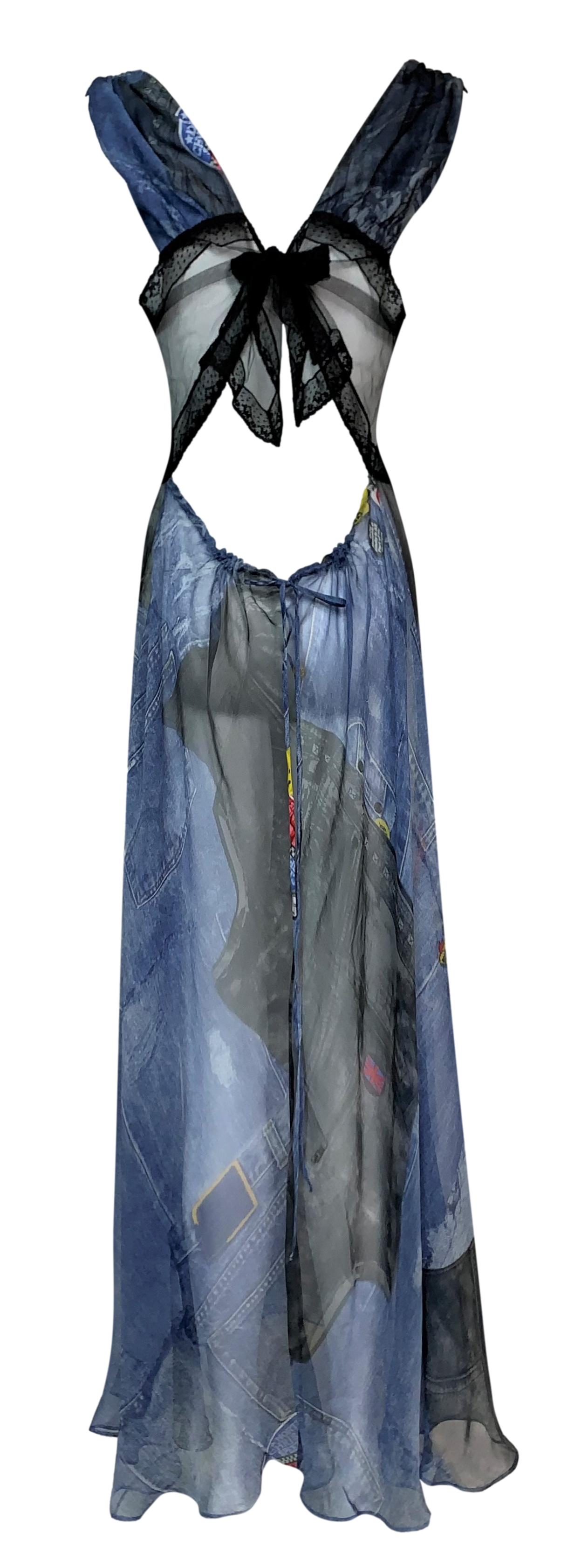 F/W 2001 Christian Dior by John Galliano Sheer Blue Silk & Black Mesh Lace Maxi Dress 40