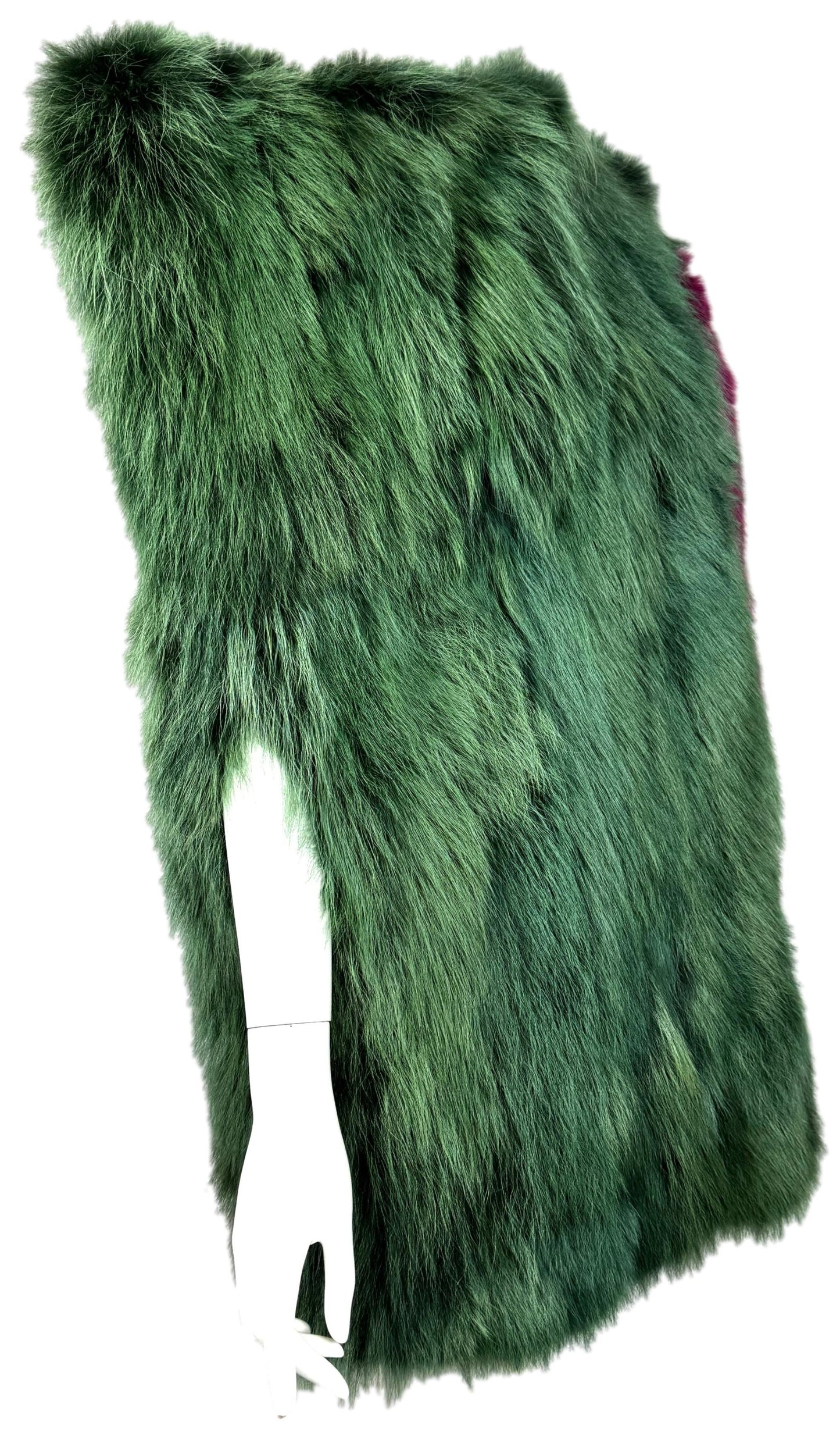 F/W 2001 Christian Lacroix Runway Avant Garde High Pointed Shoulder Side Cut-Out Green & Pink Fur Cape Coat Dress