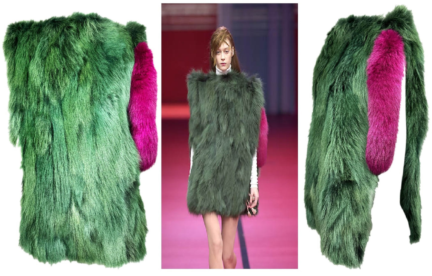 F/W 2001 Christian Lacroix Runway Avant Garde High Pointed Shoulder Side Cut-Out Green & Pink Fur Cape Coat Dress
