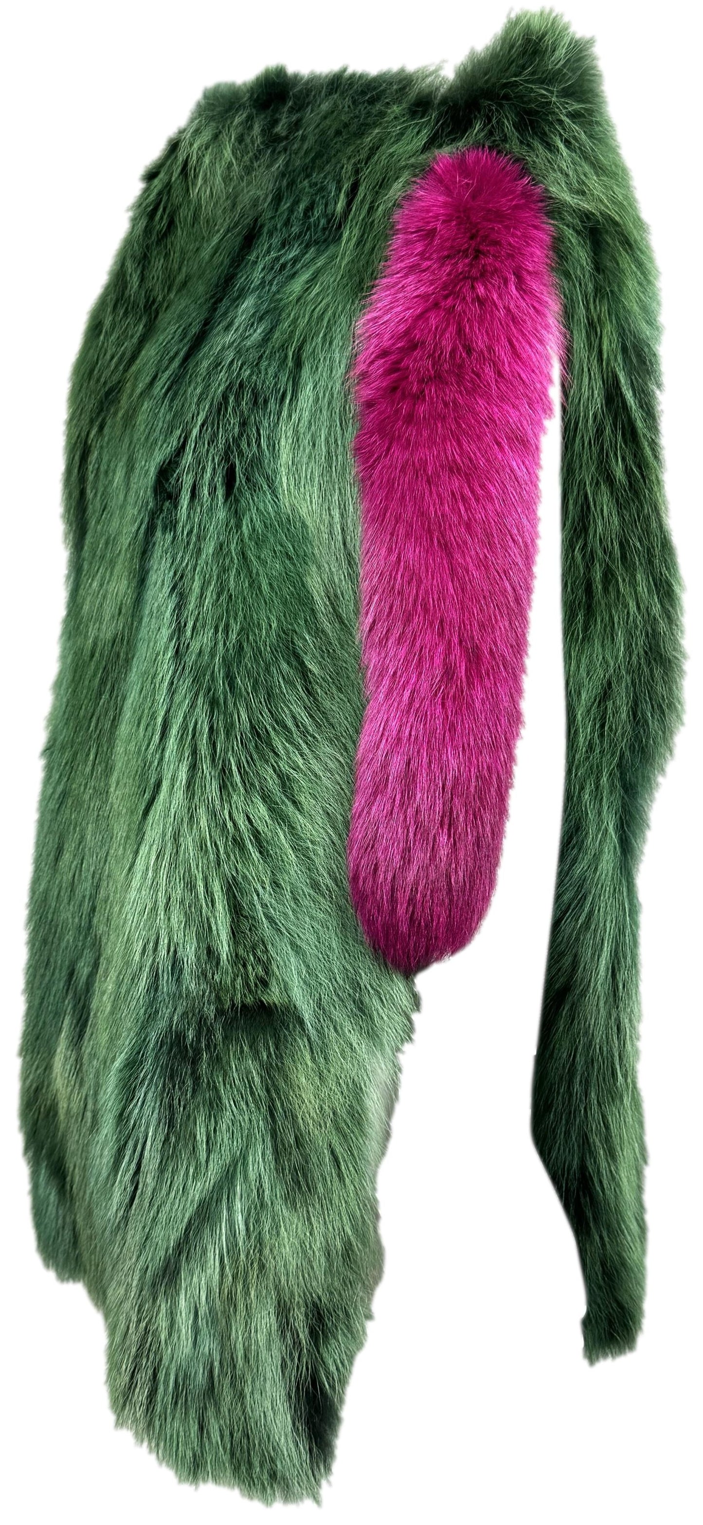 F/W 2001 Christian Lacroix Runway Avant Garde High Pointed Shoulder Side Cut-Out Green & Pink Fur Cape Coat Dress