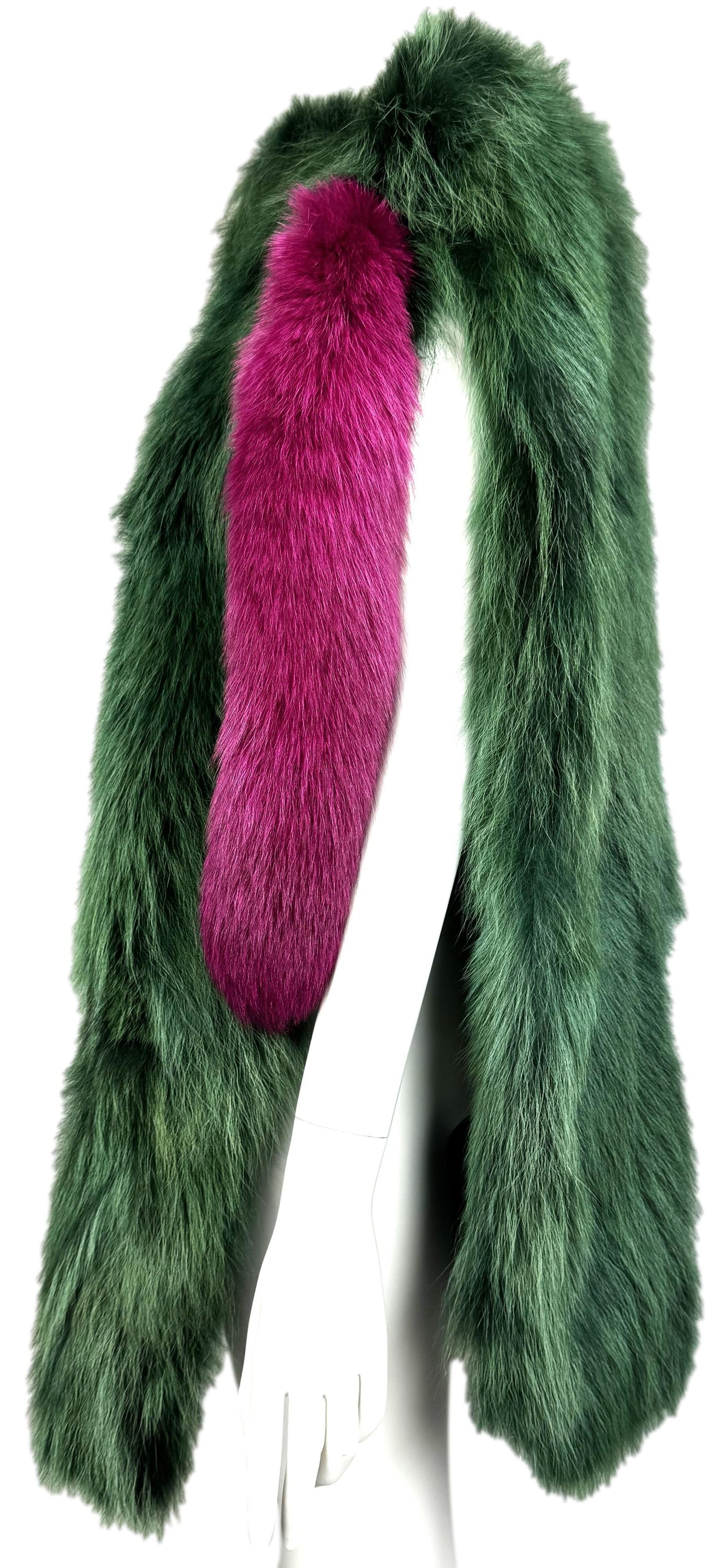 F/W 2001 Christian Lacroix Runway Avant Garde High Pointed Shoulder Side Cut-Out Green & Pink Fur Cape Coat Dress