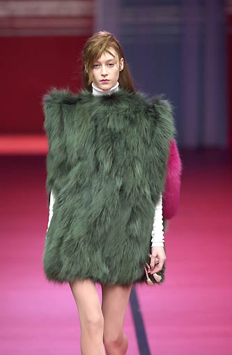 F/W 2001 Christian Lacroix Runway Avant Garde High Pointed Shoulder Side Cut-Out Green & Pink Fur Cape Coat Dress