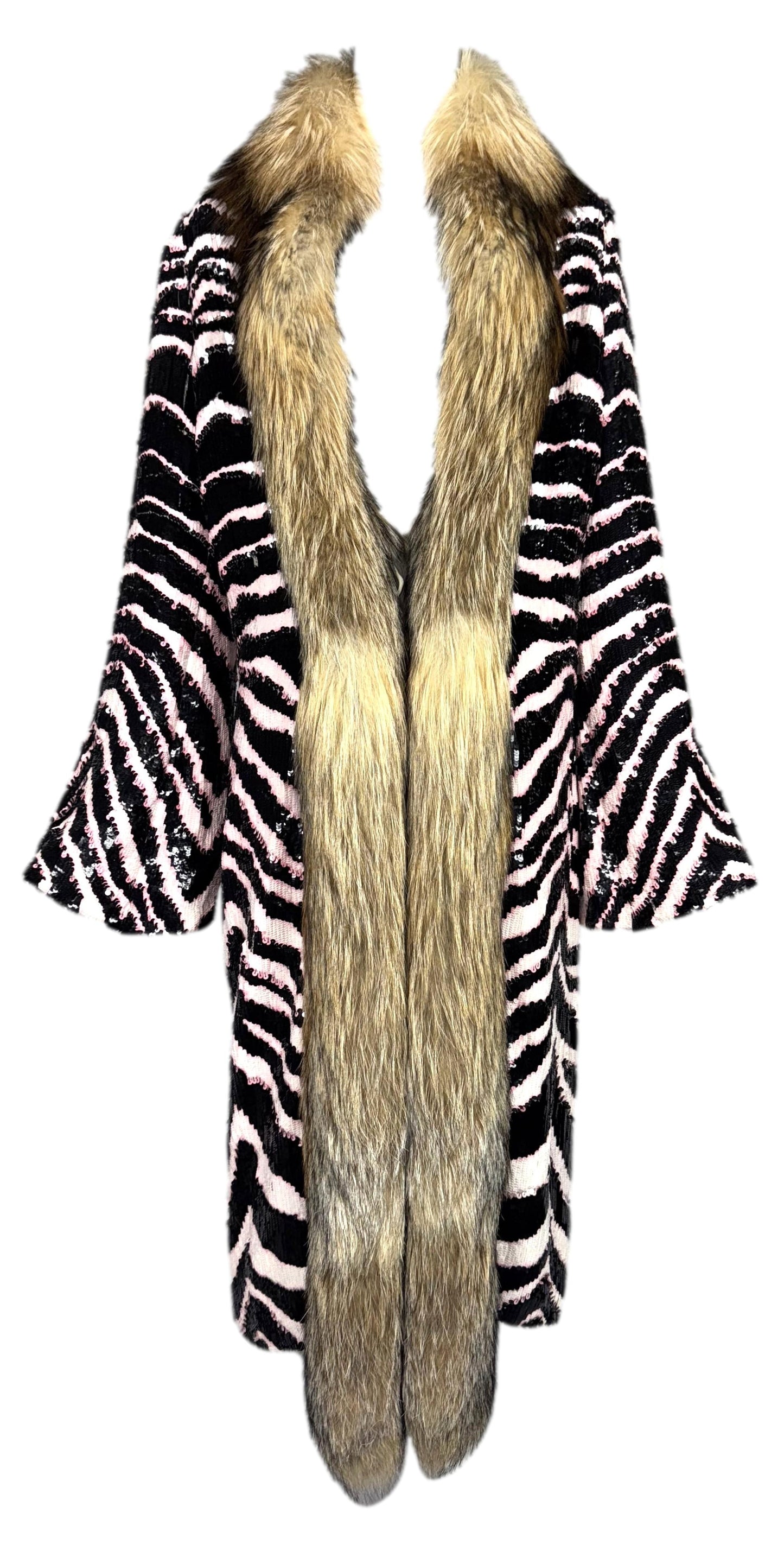 F/W 2001 Dolce & Gabbana Runway Black White & Pink Zebra Sequins Coyote Fur Bell Sleeve Long Coat Jacket