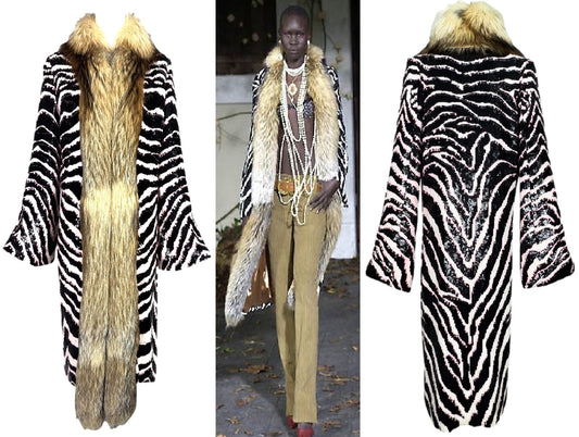 F/W 2001 Dolce & Gabbana Runway Black White & Pink Zebra Sequins Coyote Fur Bell Sleeve Long Coat Jacket