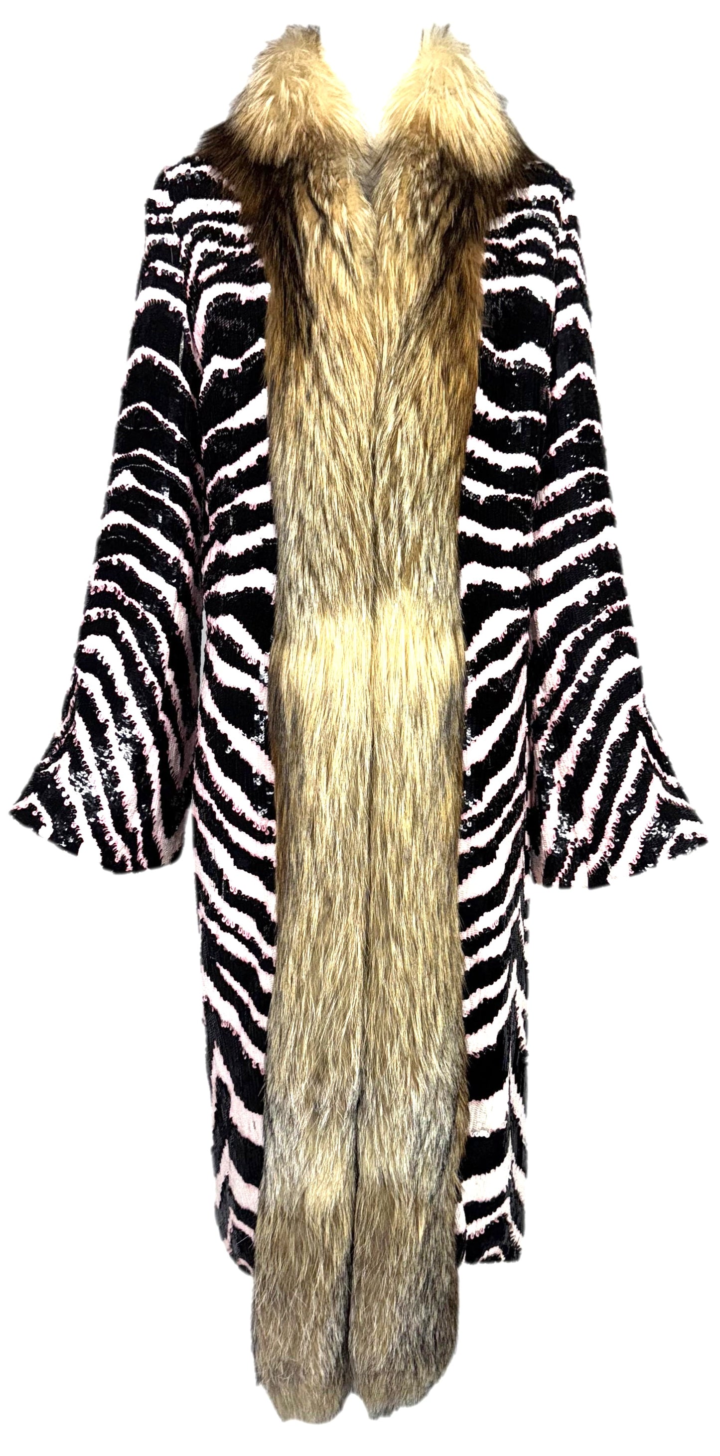 F/W 2001 Dolce & Gabbana Runway Black White & Pink Zebra Sequins Coyote Fur Bell Sleeve Long Coat Jacket