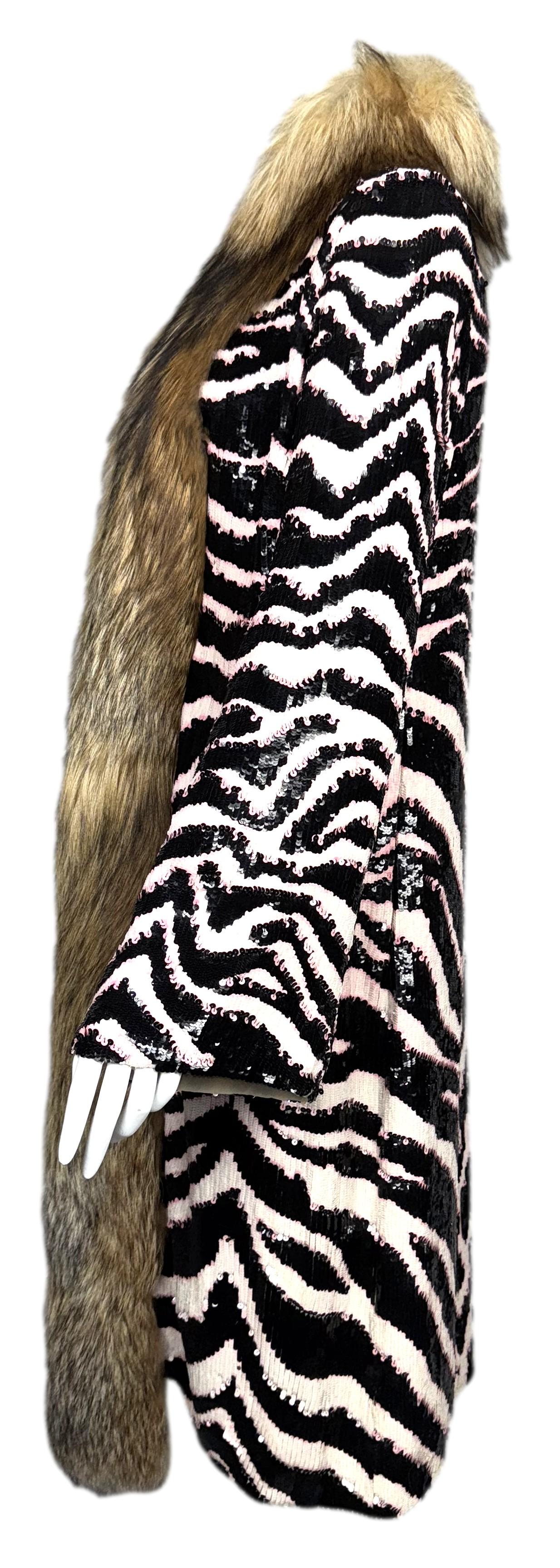 F/W 2001 Dolce & Gabbana Runway Black White & Pink Zebra Sequins Coyote Fur Bell Sleeve Long Coat Jacket