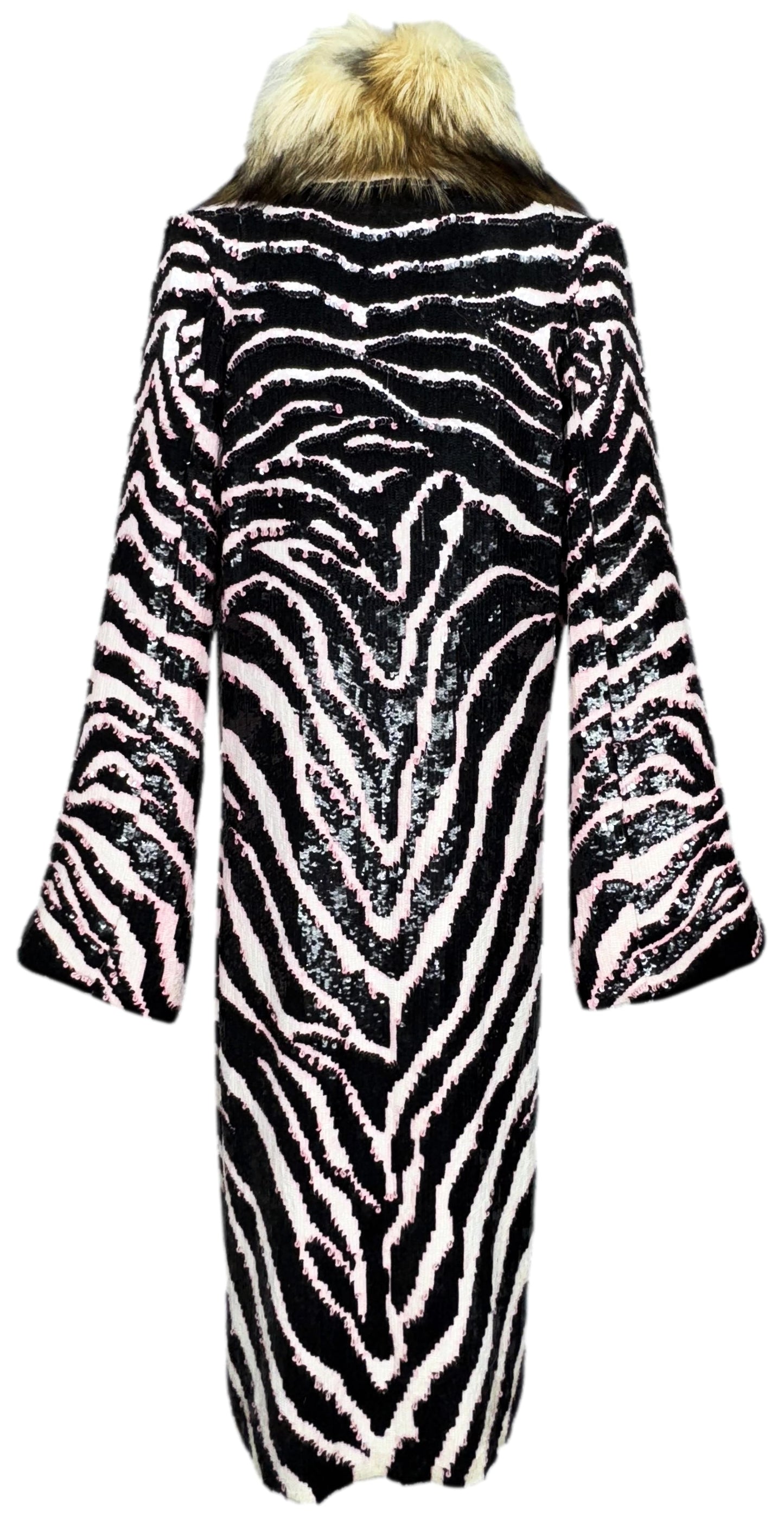 F/W 2001 Dolce & Gabbana Runway Black White & Pink Zebra Sequins Coyote Fur Bell Sleeve Long Coat Jacket