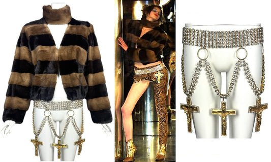 F/W 2001 Fausto Puglisi RARE Runway Huge Crystal Crucifix Cross Chain Belt & Mink Fur Choker Jacket