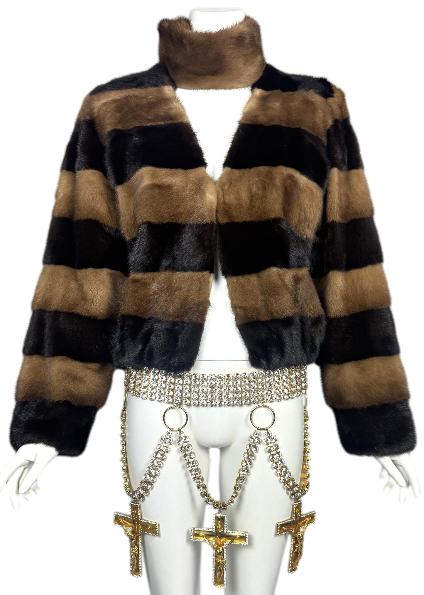 F/W 2001 Fausto Puglisi RARE Runway Huge Crystal Crucifix Cross Chain Belt & Mink Fur Choker Jacket