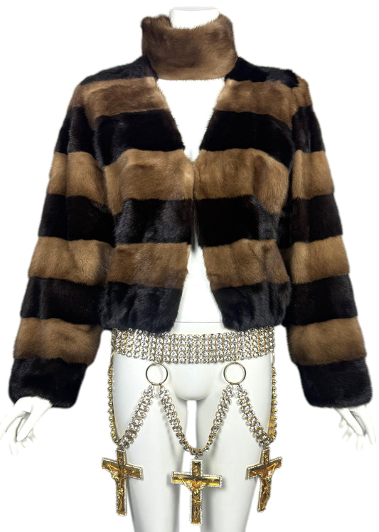 F/W 2001 Fausto Puglisi RARE Runway Huge Crystal Crucifix Cross Chain Belt & Mink Fur Choker Jacket