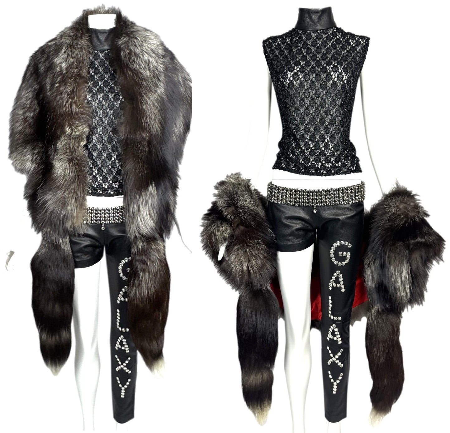 F/W 2001 Fausto Puglisi Runway Sheer Black Lace Top Leather Embellished Galaxy Ultra Low Rise Pants Wide Crystal Belt & Fox Fur Shawl