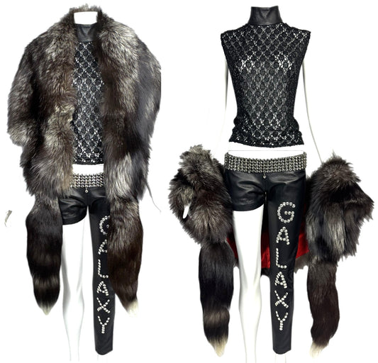 F/W 2001 Fausto Puglisi Runway Sheer Black Lace Top Leather Embellished Galaxy Ultra Low Rise Pants Wide Crystal Belt & Fox Fur Shawl