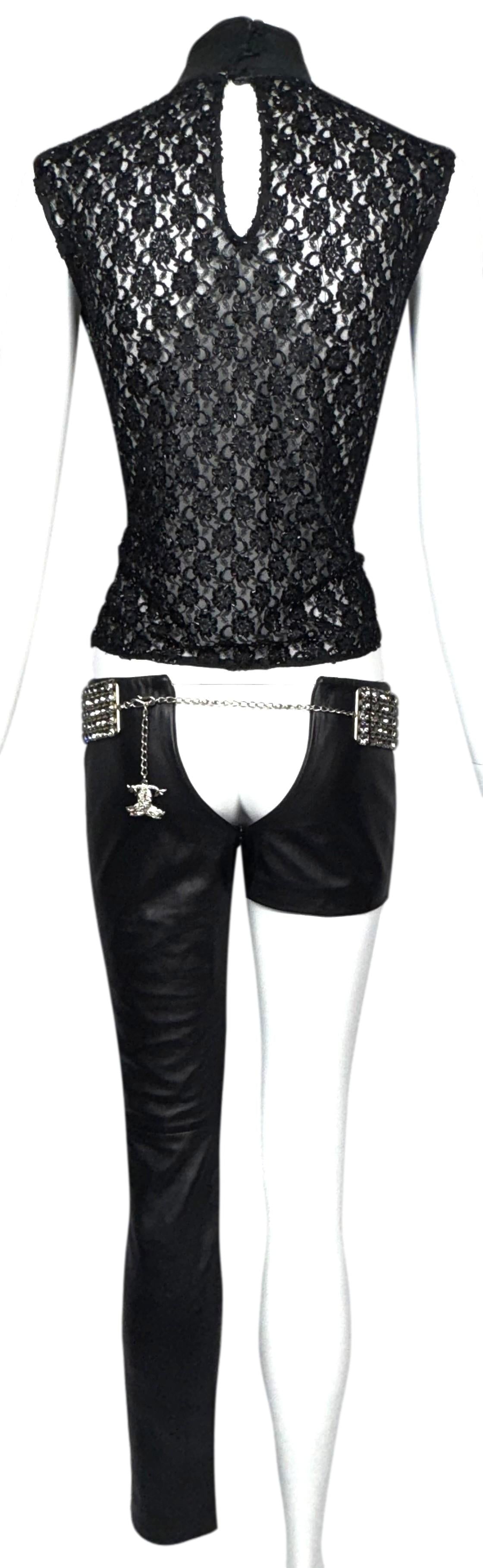 F/W 2001 Fausto Puglisi RARE Runway Crystal Galaxy Ultra Low Rise Leather Pants Beaded Lace Top & Wide Crystal Belt Set