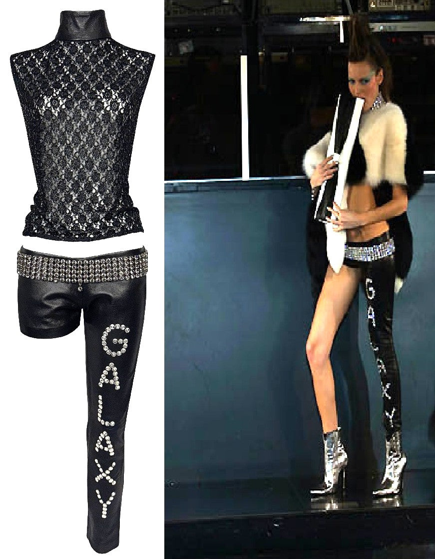 F/W 2001 Fausto Puglisi RARE Runway Crystal Galaxy Ultra Low Rise Leather Pants Beaded Lace Top & Wide Crystal Belt Set