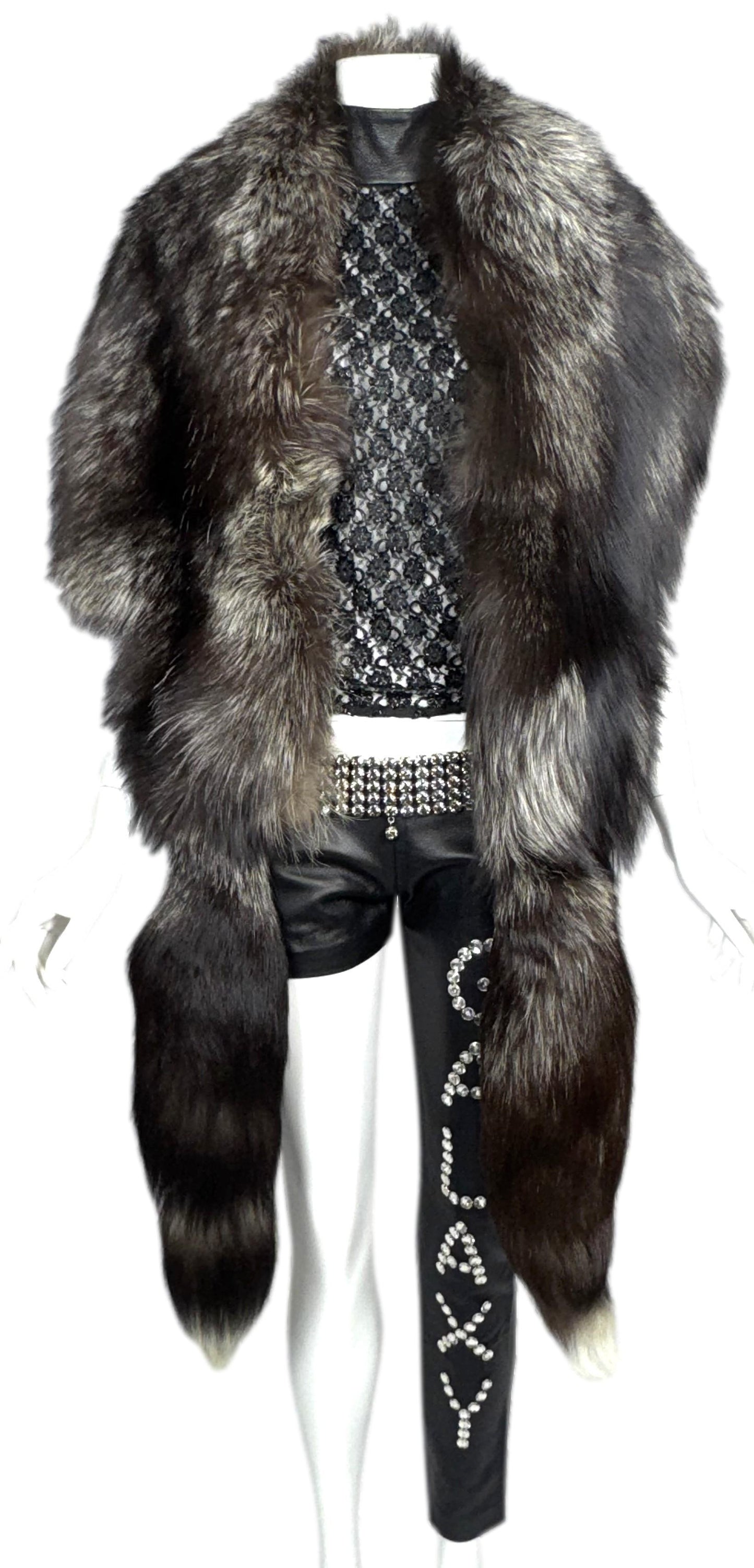 F/W 2001 Fausto Puglisi Runway Sheer Black Lace Top Leather Embellished Galaxy Ultra Low Rise Pants Wide Crystal Belt & Fox Fur Shawl
