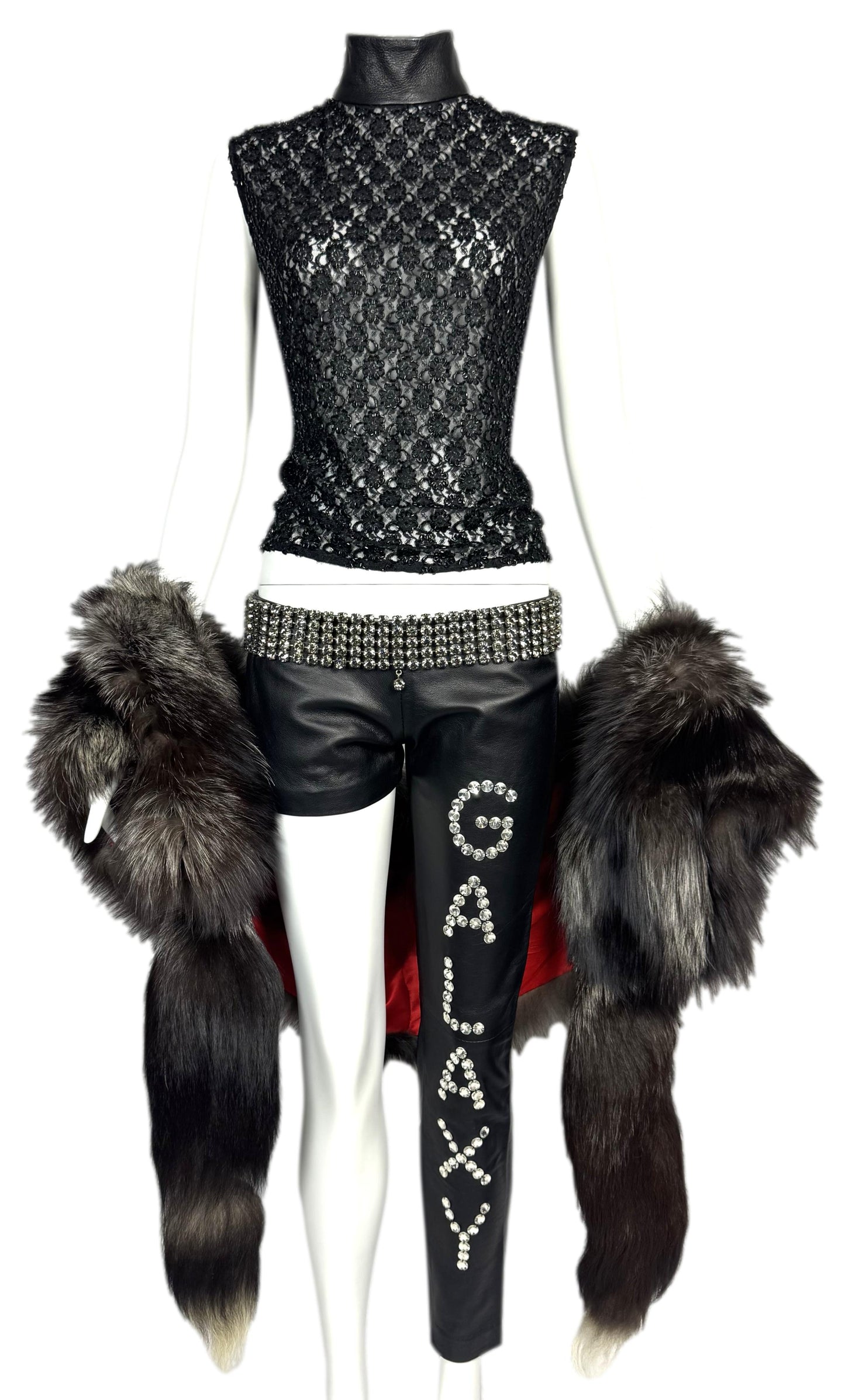 F/W 2001 Fausto Puglisi Runway Sheer Black Lace Top Leather Embellished Galaxy Ultra Low Rise Pants Wide Crystal Belt & Fox Fur Shawl