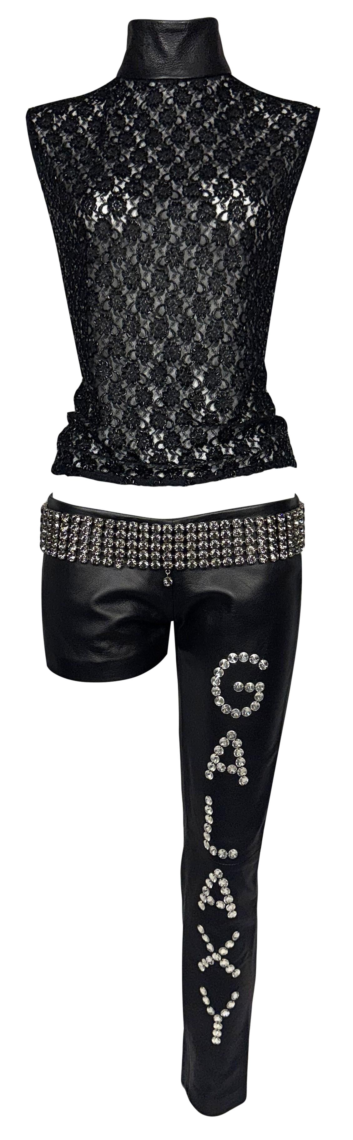 F/W 2001 Fausto Puglisi RARE Runway Crystal Galaxy Ultra Low Rise Leather Pants Beaded Lace Top & Wide Crystal Belt Set