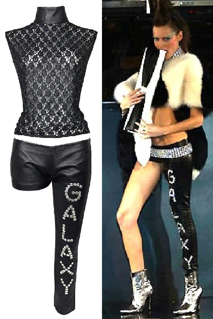 F/W 2001 Fausto Puglisi RARE Runway Crystal Galaxy Ultra Low Rise Leather Pants & Beaded Lace Top Set