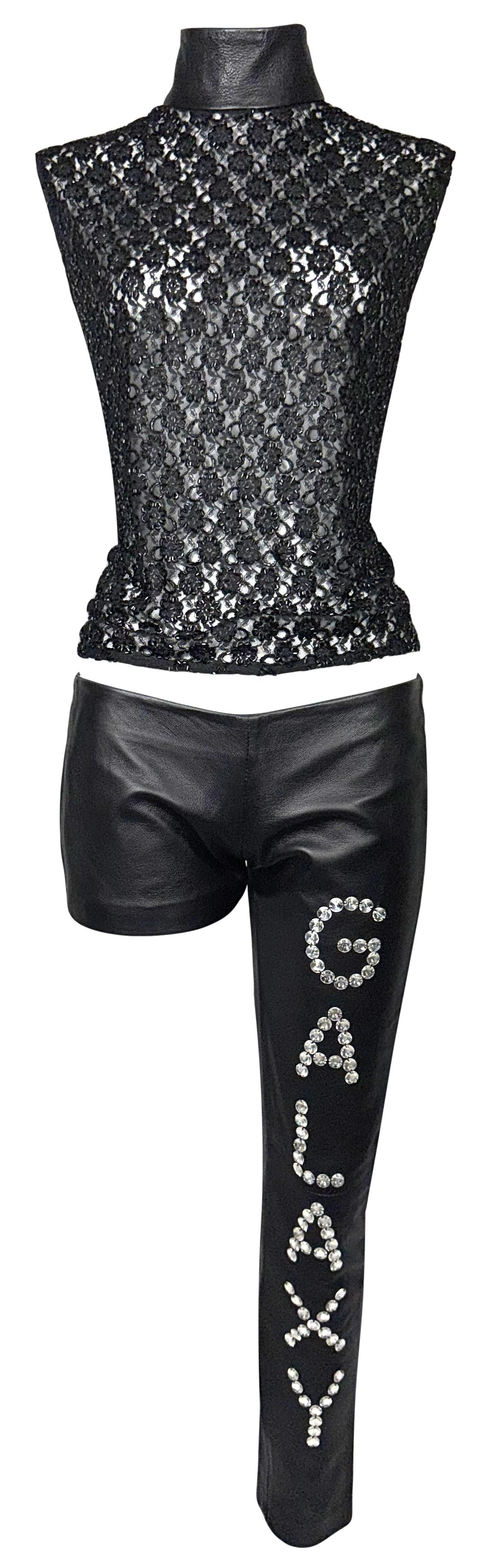 F/W 2001 Fausto Puglisi RARE Runway Crystal Galaxy Ultra Low Rise Leather Pants & Beaded Lace Top Set