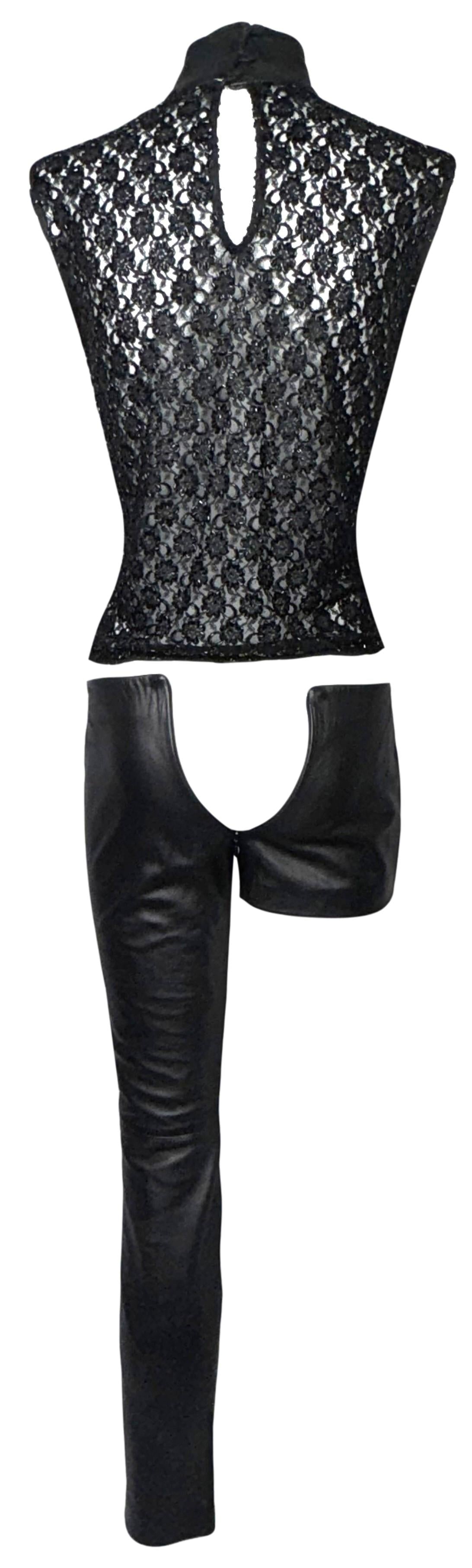 F/W 2001 Fausto Puglisi RARE Runway Crystal Galaxy Ultra Low Rise Leather Pants & Beaded Lace Top Set