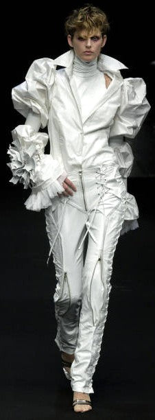 F/W 2001 Gianfranco Ferre Sheer Black Embroidered Mesh Bodysuit Top & Corset Ties Leather Rocker Pants Set