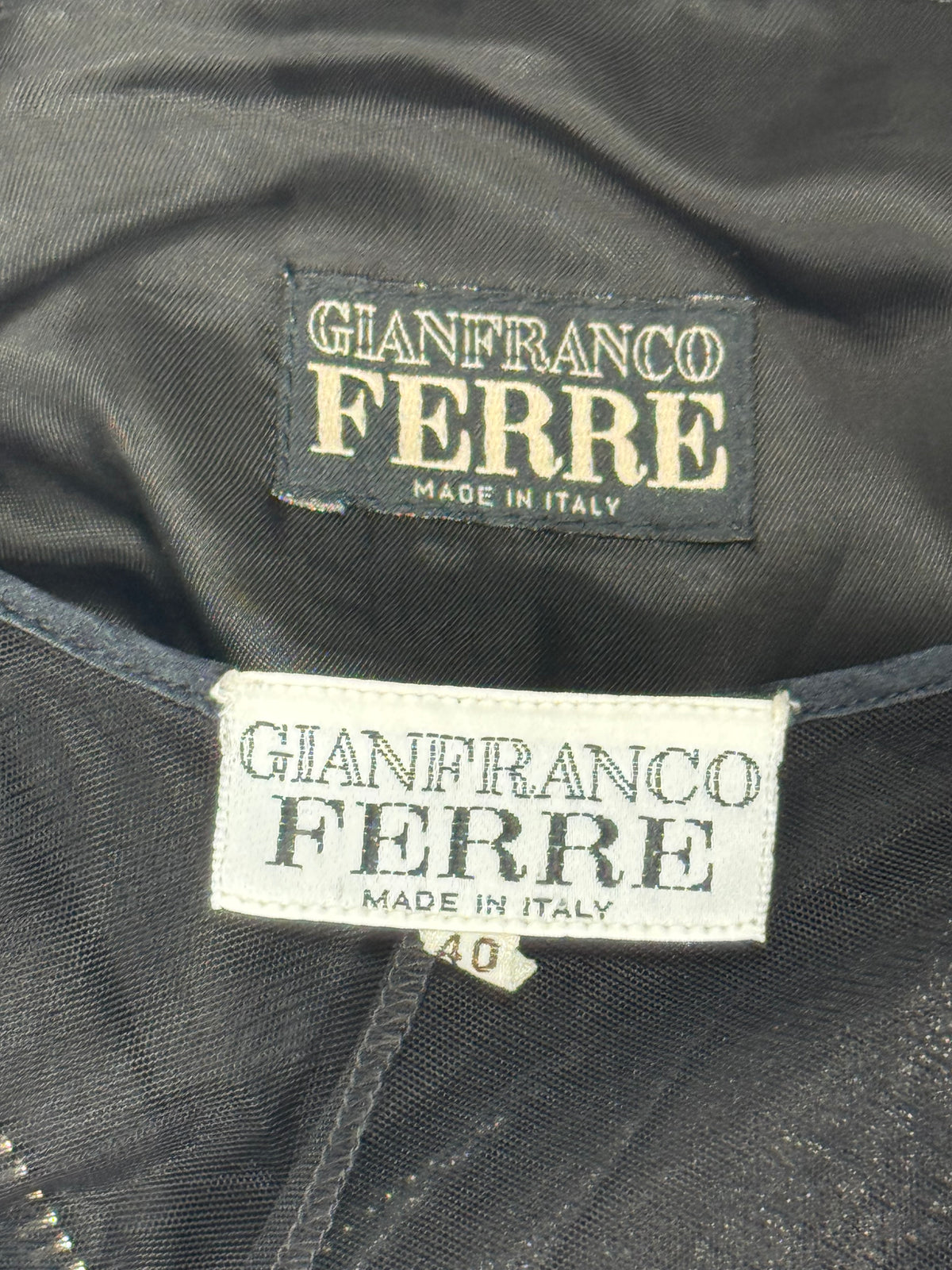 F/W 2001 Gianfranco Ferre Sheer Black Embroidered Mesh Bodysuit Top & Corset Ties Leather Rocker Pants Set