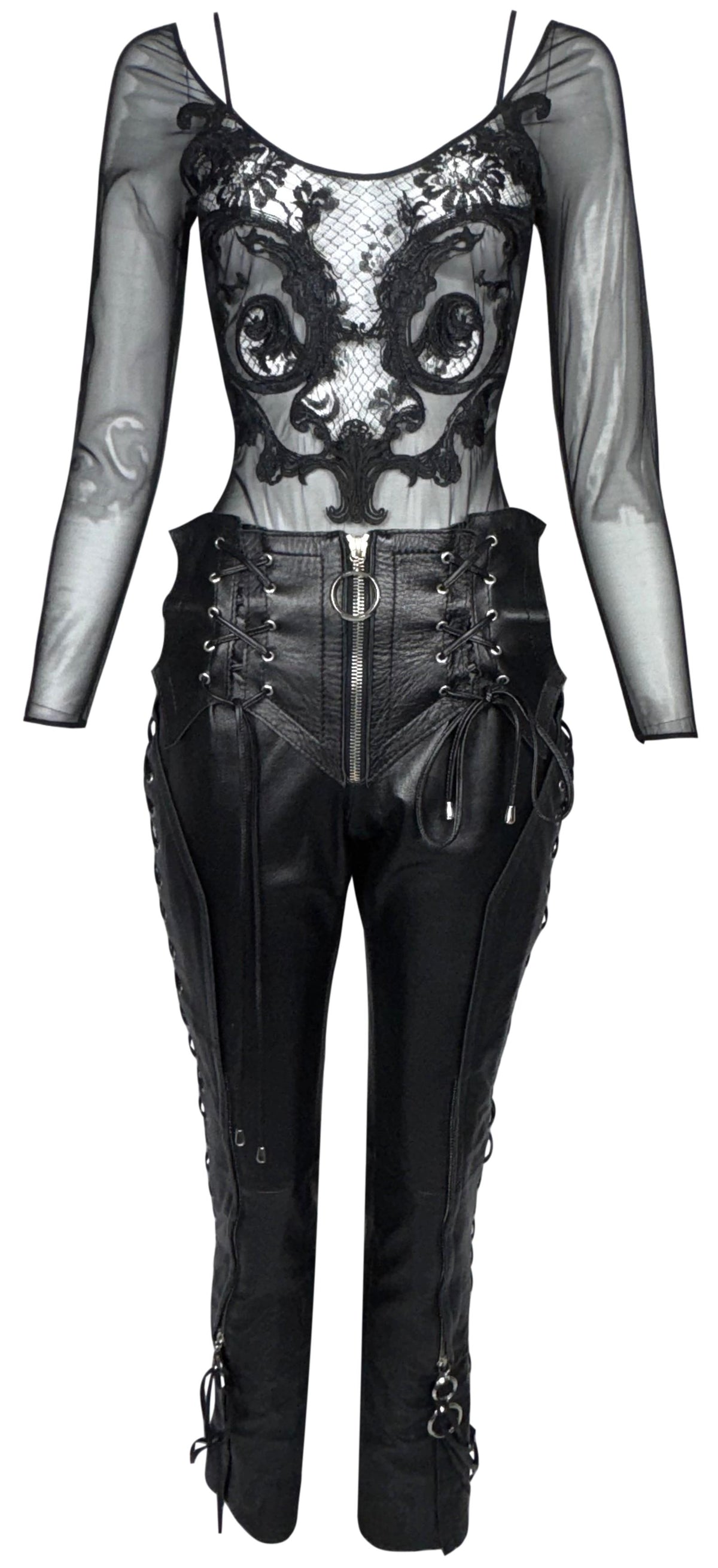 F/W 2001 Gianfranco Ferre Sheer Black Embroidered Mesh Bodysuit Top & Corset Ties Leather Rocker Pants Set
