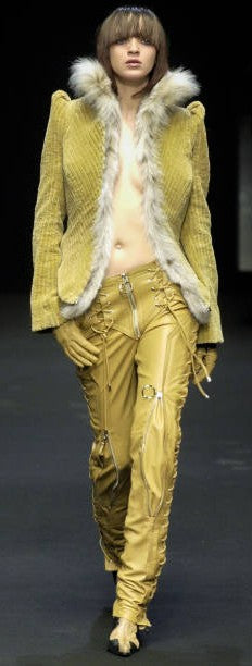 F/W 2001 Gianfranco Ferre Sheer Black Embroidered Mesh Bodysuit Top & Corset Ties Leather Rocker Pants Set