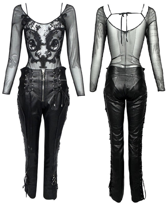 F/W 2001 Gianfranco Ferre Sheer Black Embroidered Mesh Bodysuit Top & Corset Ties Leather Rocker Pants Set