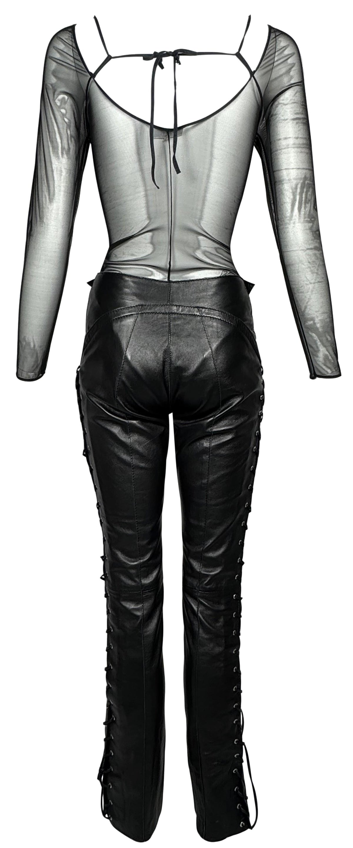 F/W 2001 Gianfranco Ferre Sheer Black Embroidered Mesh Bodysuit Top & Corset Ties Leather Rocker Pants Set