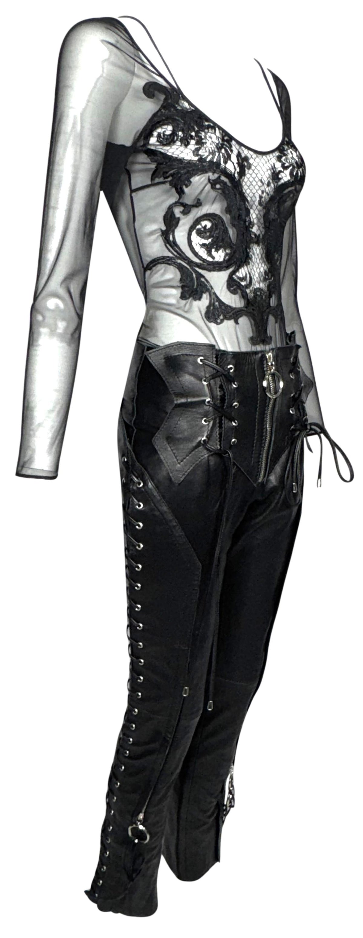 F/W 2001 Gianfranco Ferre Sheer Black Embroidered Mesh Bodysuit Top & Corset Ties Leather Rocker Pants Set