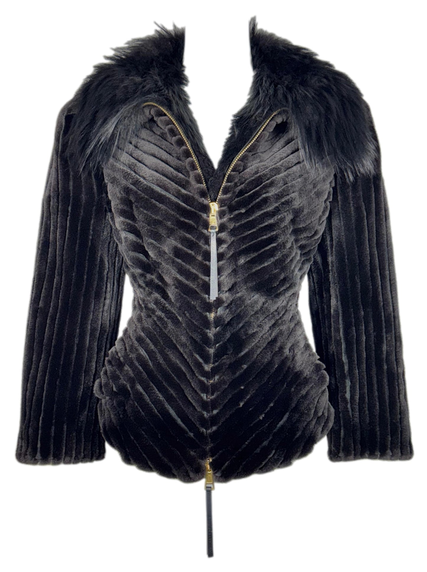 F/W 2001 Gianfranco Ferre Black Mink & Fox Fur Fitted Wasp Waist Short Peplum Jacket