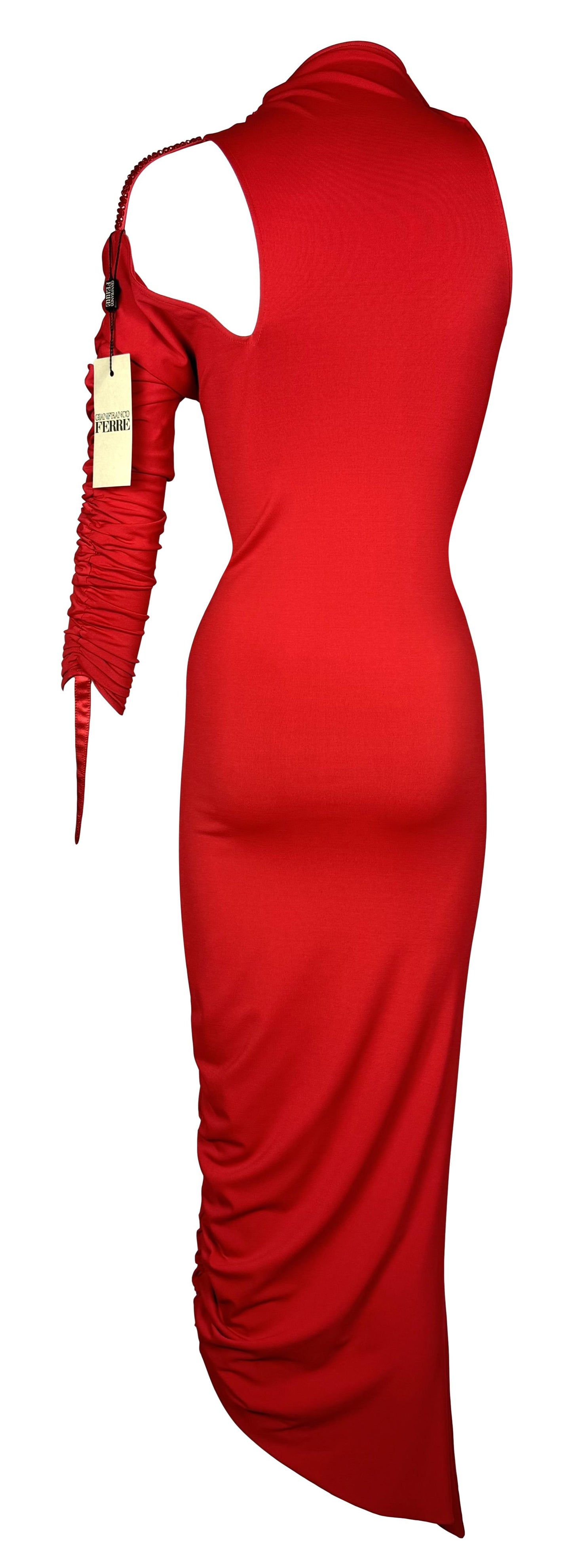 Unworn F/W 2001 Gianfranco Ferre Red Bodycon Ruched One Arm Wiggle Dress