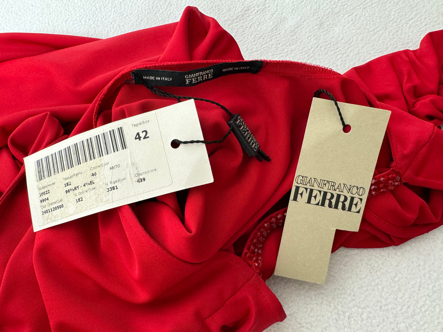 Unworn F/W 2001 Gianfranco Ferre Red Bodycon Ruched One Arm Wiggle Dress