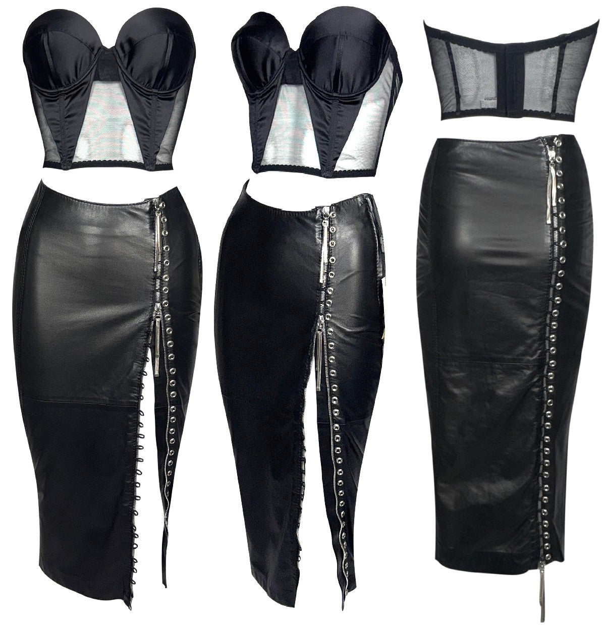 F/W 2001 Gianfranco Ferre Sexy Bondage Rock Chic Black Leather Wiggle Skirt w High Zipper Slits & Strapless Bustier Crop Top Set