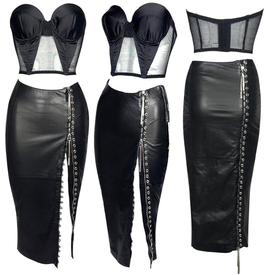 F/W 2001 Gianfranco Ferre Sexy Bondage Rock Chic Black Leather Wiggle Skirt w High Zipper Slits & Strapless Bustier Crop Top Set