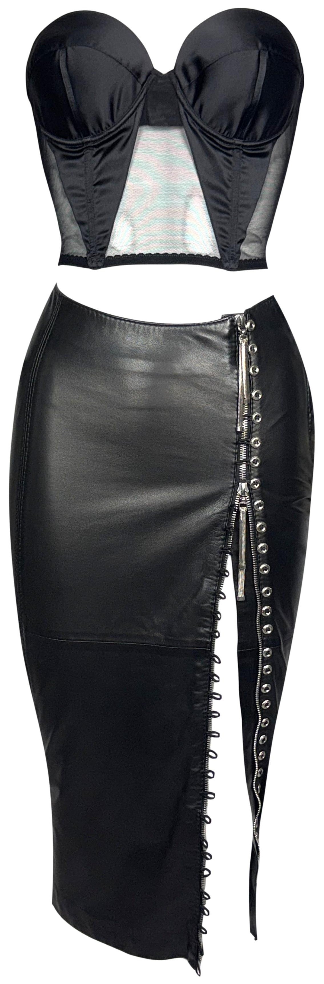 F/W 2001 Gianfranco Ferre Sexy Bondage Rock Chic Black Leather Wiggle Skirt w High Zipper Slits & Strapless Bustier Crop Top Set
