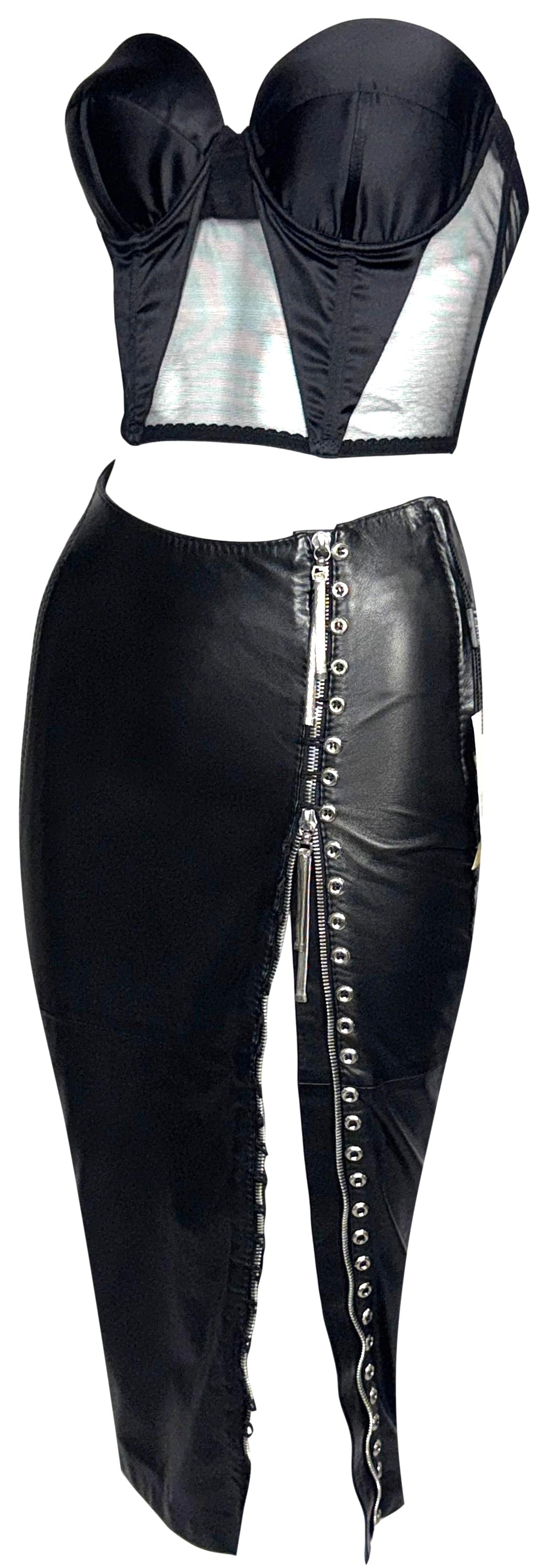F/W 2001 Gianfranco Ferre Sexy Bondage Rock Chic Black Leather Wiggle Skirt w High Zipper Slits & Strapless Bustier Crop Top Set