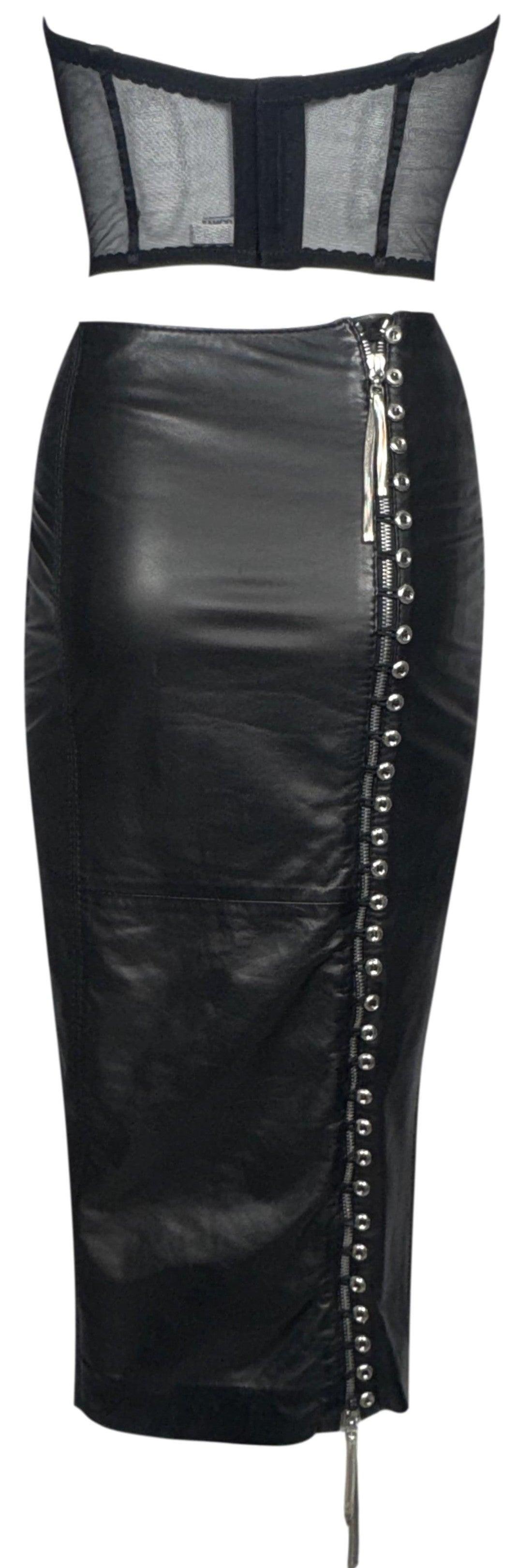 F/W 2001 Gianfranco Ferre Sexy Bondage Rock Chic Black Leather Wiggle Skirt w High Zipper Slits & Strapless Bustier Crop Top Set