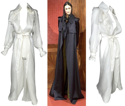 F/W 2001 Jean Paul Gaultier Haute Couture Runway Sheer White Silk Organza Cut-Out Sides Long Trench Coat Jacket Dress