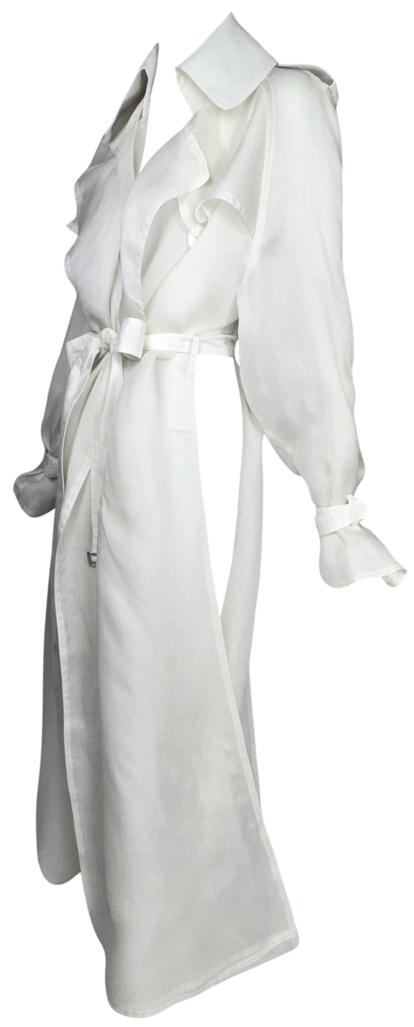 F/W 2001 Jean Paul Gaultier Haute Couture Runway Sheer White Silk Organza Cut-Out Sides Long Trench Coat Jacket Dress