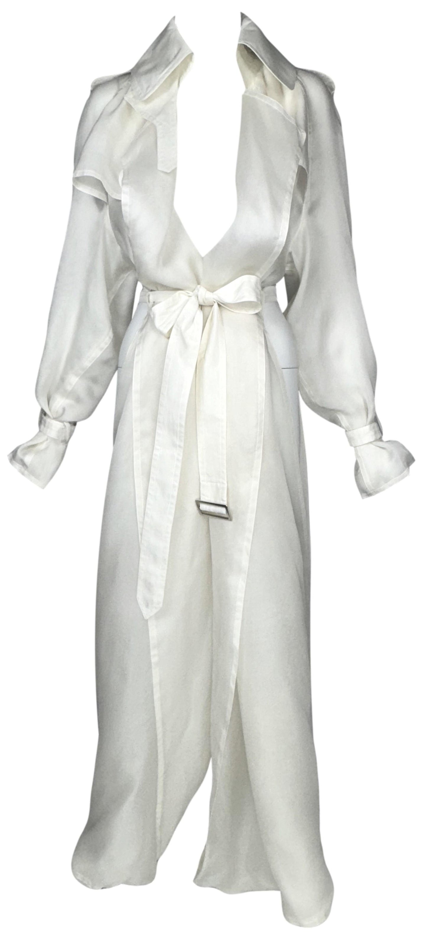 F/W 2001 Jean Paul Gaultier Haute Couture Runway Sheer White Silk Organza Cut-Out Sides Long Trench Coat Jacket Dress
