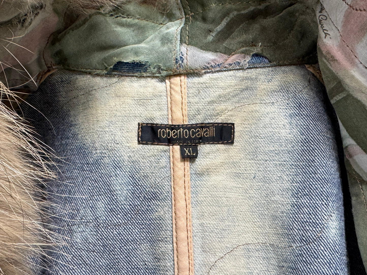 F/W 2001 Roberto Cavalli Runway Distressed Denim & Fur & Feathers Long Coat Dress