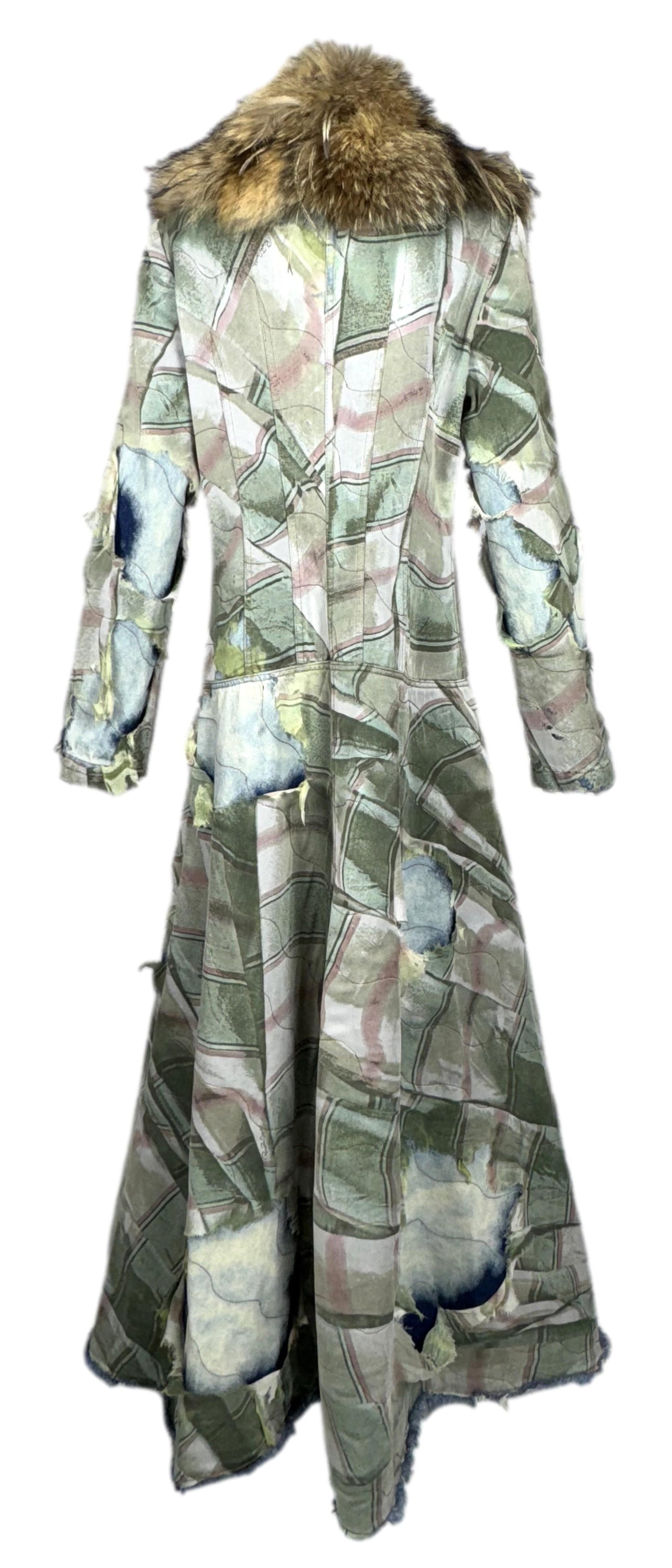 F/W 2001 Roberto Cavalli Runway Distressed Denim & Fur & Feathers Long Coat Dress