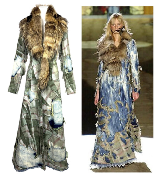 F/W 2001 Roberto Cavalli Runway Distressed Denim & Fur & Feathers Long Coat Dress