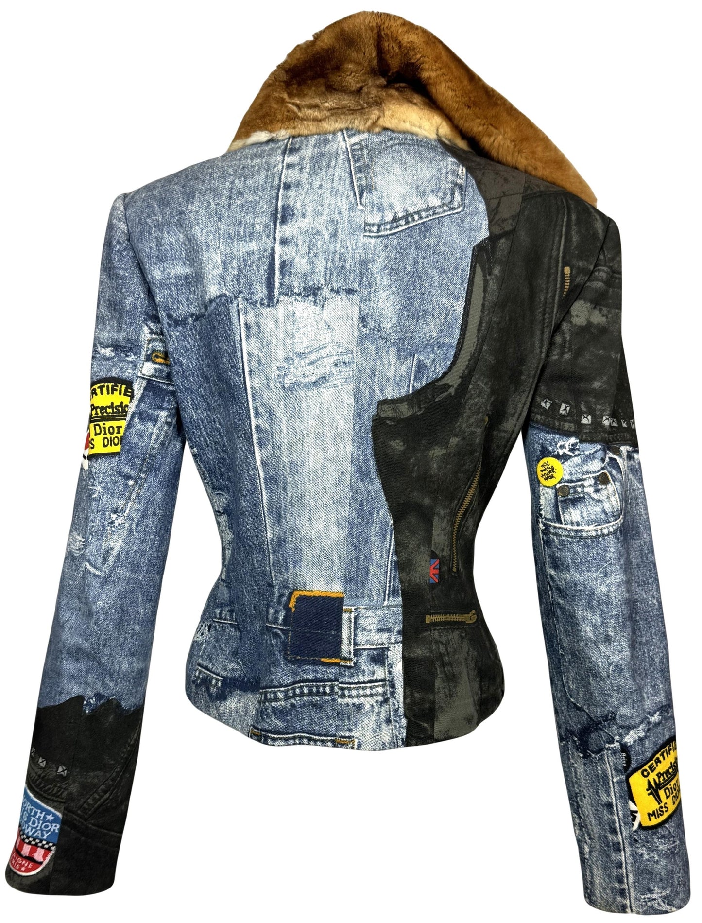 F/W 2001 Christian Dior x John Galliano Trompe L'oeil Fur Collar Denim Look Logo Diorella Fitted Jacket