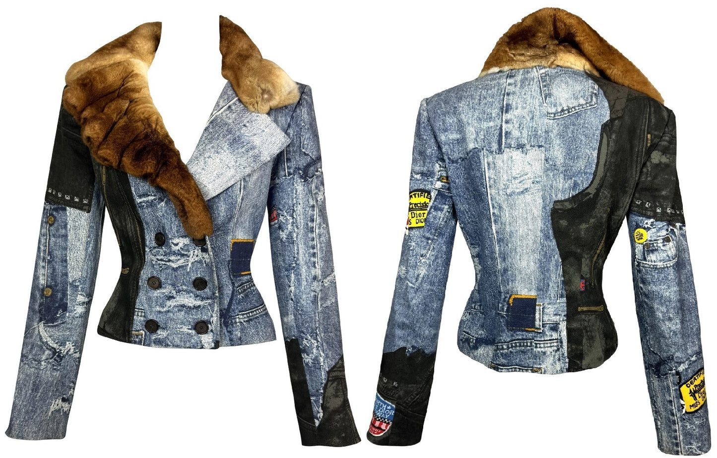 F/W 2001 Christian Dior x John Galliano Trompe L'oeil Fur Collar Denim Look Logo Diorella Fitted Jacket