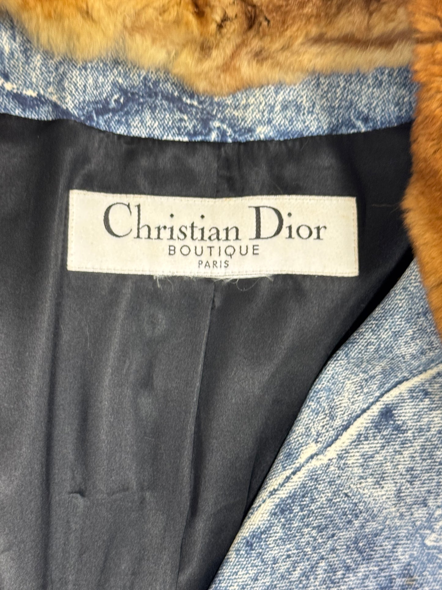 F/W 2001 Christian Dior x John Galliano Trompe L'oeil Fur Collar Denim Look Logo Diorella Fitted Jacket